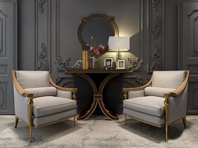 Elegant Light Gray Armchairs With Golden Frames Dark Carved Walls Table Mirror Lamp On Carpet 3d model