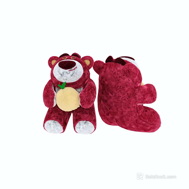 Red Plush Bear Doll Front And Back Views Holding Yellow Apple White Ears And Paws 3d model 