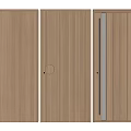 Wooden Swing Doors With Vertical Slats Circular Handle And Metal Strip Design