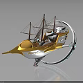 Futuristic Cosmic Starship With Golden Hull Sail Like Masts And Circular Ring