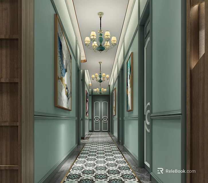 Elevator Hallway Interior With Light Green Walls Chandeliers And Geometric Pattern Flooring 3d model