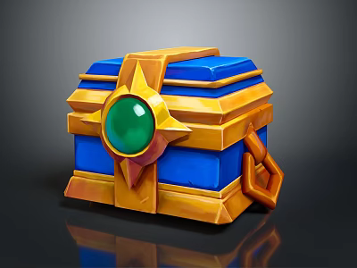 Blue And Gold Chest With Green Gem Star Shaped Ornament And Chain 3d model