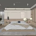 Modern Minimalist Bedroom Interior With Wooden Platform Bed Decorative Painting And Hanging Light