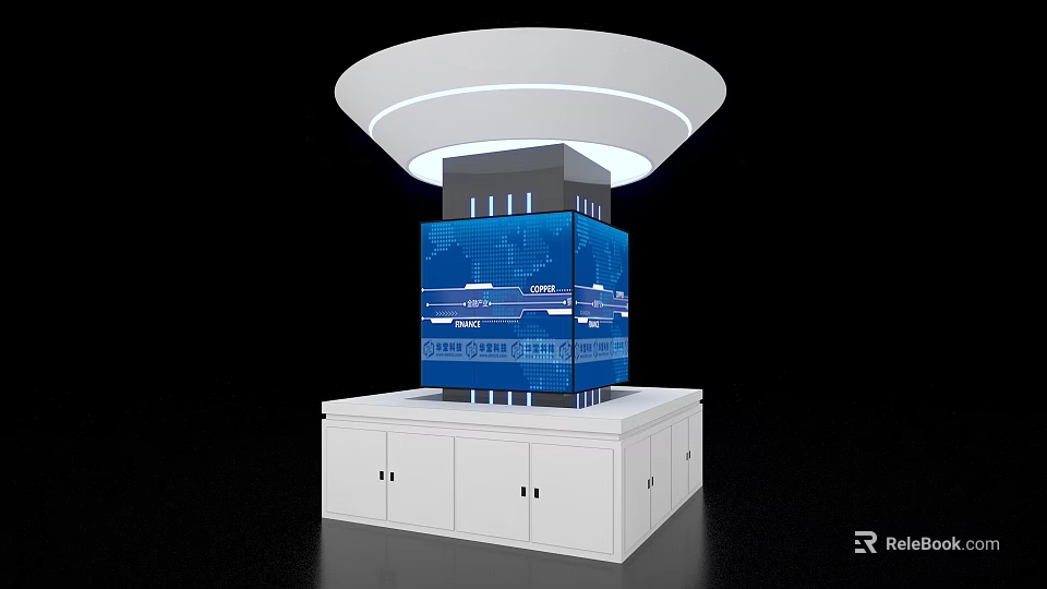 Modern Exhibition Display Island With Blue Screen Lighting And White Storage Cabinets 3d model 