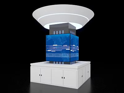 Modern Exhibition Display Island With Blue Screen Lighting And White Storage Cabinets 3d model