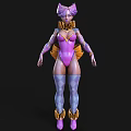 Game and Movie Character With Pink And Purple Hair Purple Bodysuit And Yellow Decorations