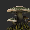 Mushroom With Large Green And White Spotted Cap Small Mushrooms And Green Root Tendrils