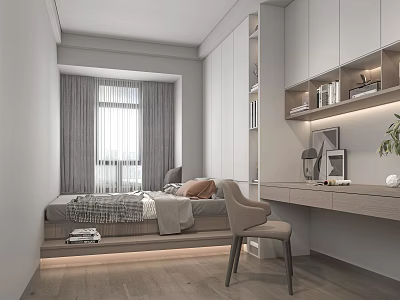 Modern Tatami Bedroom Interior With Bed Curtains Desk Chair Bookshelf And Plant 3d model