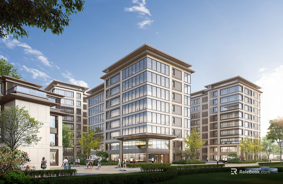 Modern Chinese Style Residential Buildings With Glass Facades Green Lawns And Pedestrians 3d model 