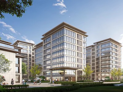 Modern Chinese Style Residential Buildings With Glass Facades Green Lawns And Pedestrians 3d model