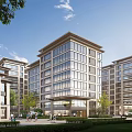 Modern Chinese Style Residential Buildings With Glass Facades Green Lawns And Pedestrians