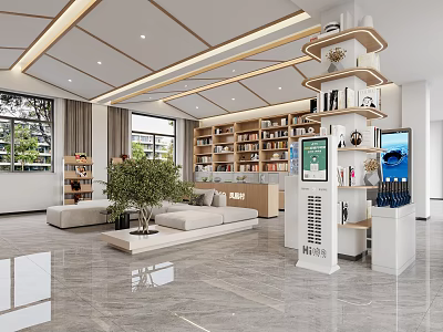 Modern Visitor Center Interior Design With Wooden Bookshelves Comfortable Sofas And Indoor Green Plant 3d model