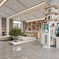 Modern Visitor Center Interior Design With Wooden Bookshelves Comfortable Sofas And Indoor Green Plant