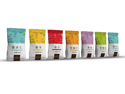 Assorted Natural Food Ingredients Including Coix Seed White Fungus Adzuki Bean in Colorful Packaging 3d model