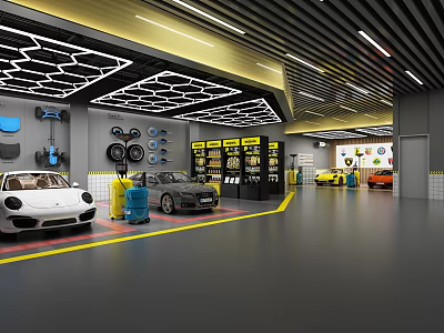 4S Car Shop Showroom With Various Cars Service Tools And Maintenance Equipment 3d model