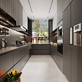 Modern Kitchen Interior Design With Gray Cabinets Black Countertop Built In Oven And Appliances