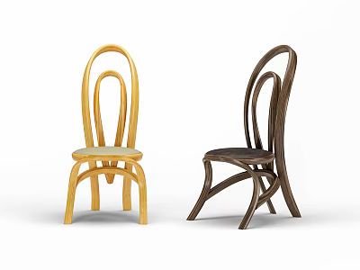 Stylish Wooden Leisure Chairs in Light Yellow and Dark Brown with Curved Back Design 3d model