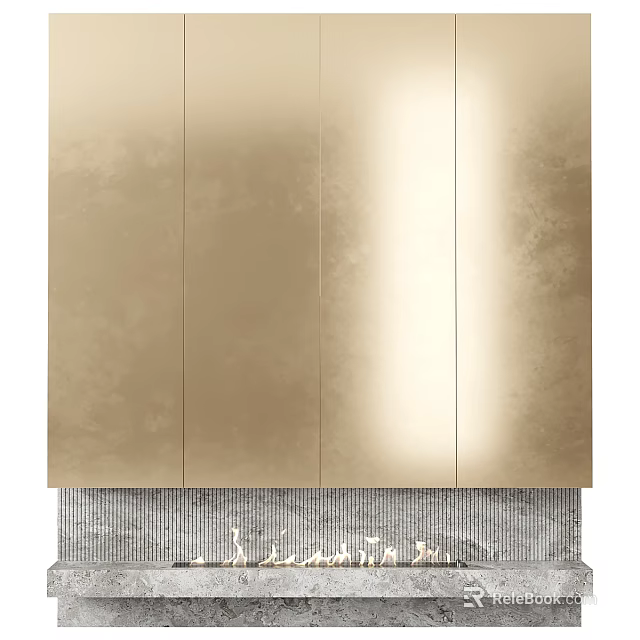 Modern Gold Fireplace With Textured Surface And Gray Decorative Base 3d model 