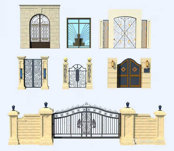 Wrought Iron Gates With Classical Designs Arched Tops And Decorative Pillars 3d model 