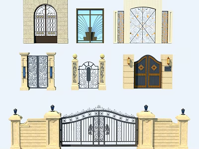 Wrought Iron Gates With Classical Designs Arched Tops And Decorative Pillars 3d model