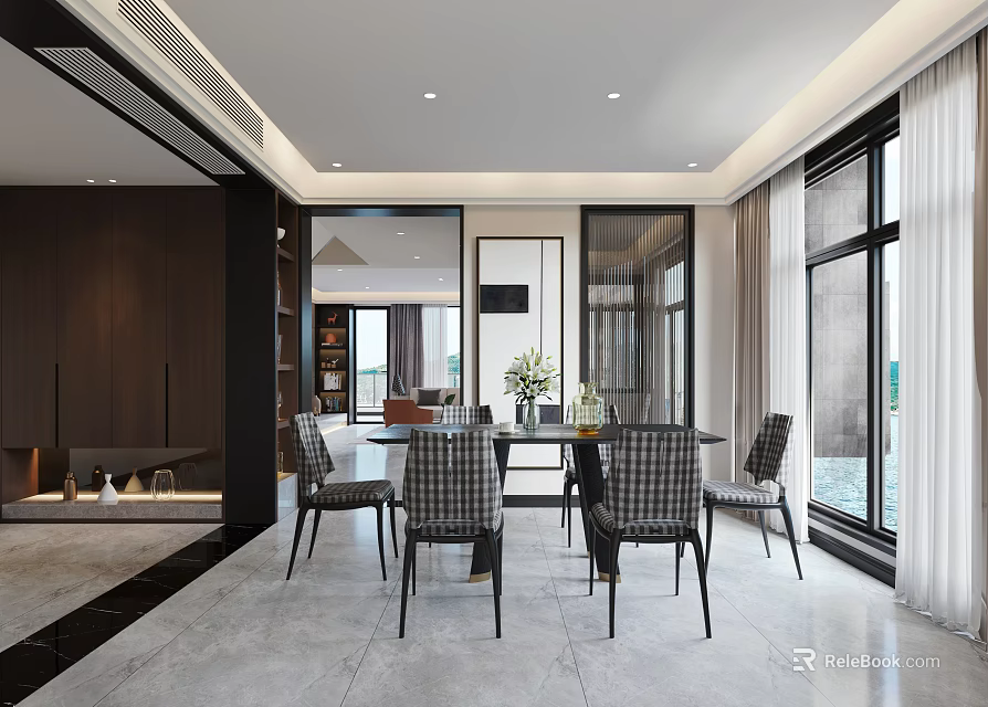 Modern Restaurant Interior With Dining Table Chairs Large Windows And Curtains 3d model