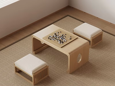 Japanese Style Low Wooden Table With Board Game And Cushioned Stools 3d model