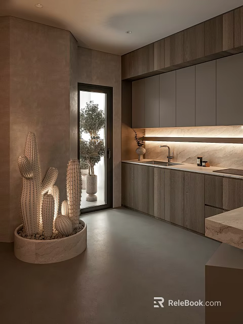 Modern Kitchen Interior With Dark Gray Wooden Cabinets And Cactus Decor 3d model 