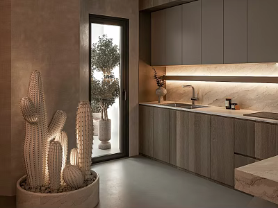 Modern Kitchen Interior With Dark Gray Wooden Cabinets And Cactus Decor 3d model