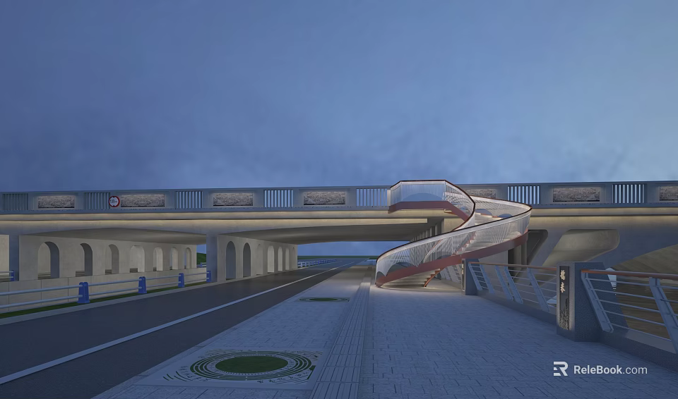 Modern Bridge Structure With Spiral Staircase And Road Under Evening Sky 3d model 