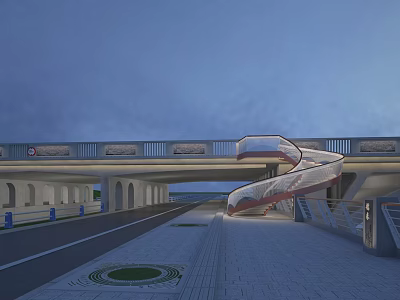 Modern Bridge Structure With Spiral Staircase And Road Under Evening Sky 3d model