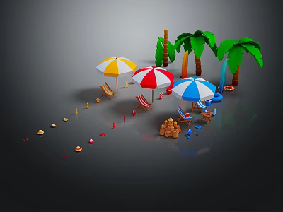 Colorful Outdoor Beach Furniture Setup With Umbrellas Beach Chairs And Palm Trees 3d model