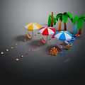 Colorful Outdoor Beach Furniture Setup With Umbrellas Beach Chairs And Palm Trees