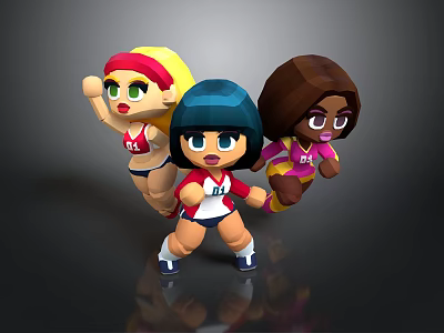 Chibi Style Female Cartoon Characters With Various Hair Colors And Sporty Outfits In Dynamic Poses 3d model