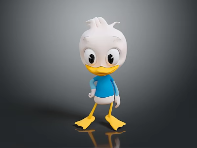 Cute Cartoon Duck Character With White Head Yellow Beak Blue Shirt Standing On Gray Background 3d model