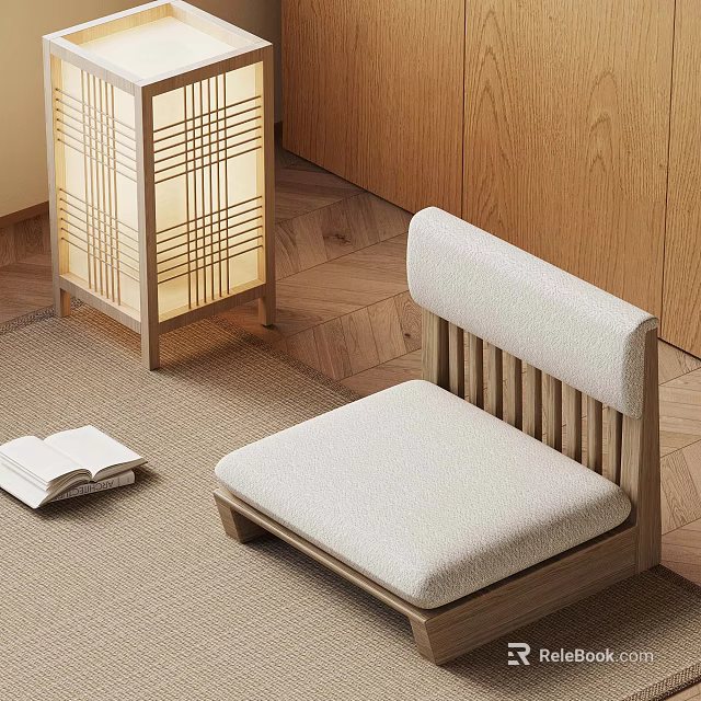 Japanese Style Room With Wooden Seat Upholstered Cushion Lattice Lantern Open Book And Herringbone Floor 3d model 