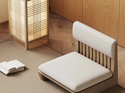 Japanese Style Room With Wooden Seat Upholstered Cushion Lattice Lantern Open Book And Herringbone Floor 3d model
