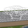 White Metal Pergola with Stone Paved Floor and Wooden Deck Surrounded by Trees and Grass