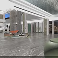 Modern Hotel Lobby Interior With Metal Leaf Installation Wooden Lattice Wall And Green Curved Sofas