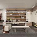 Modern Office Interior With Stone Wall Calligraphy And Landscape Elements Sofa Area 3d model
