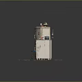 3D Computer Model Of Kitchen Scene With Old Refrigerator Stove Blue Stool Checkered Tiles