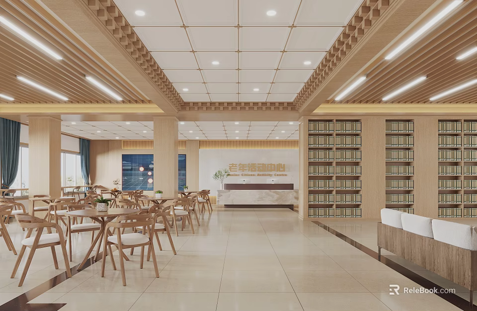 Book Art Focused Library Interior Design With Wooden Shelves And Tables 3d model 