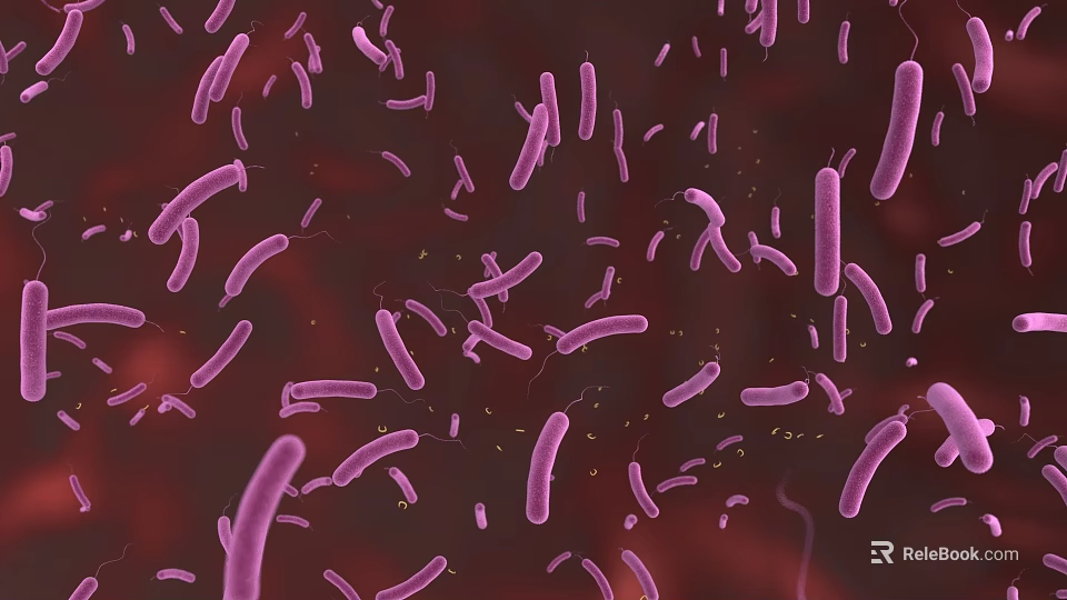 3D Rendered Microscopic View Of Purple Bacteria Microorganisms On Red Background 3d model 