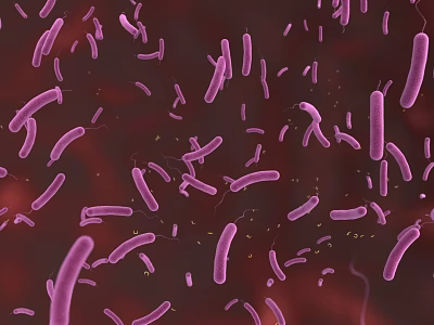 3D Rendered Microscopic View Of Purple Bacteria Microorganisms On Red Background 3d model