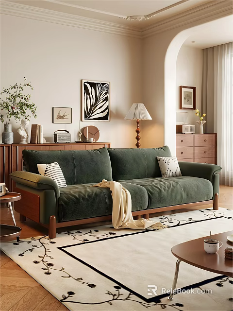 Green Velvet Sofa And Coffee Table Set With Wooden Legs Striped Pillows And Knit Blanket 3d model 