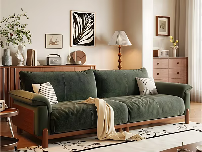 Green Velvet Sofa And Coffee Table Set With Wooden Legs Striped Pillows And Knit Blanket 3d model