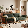 Green Velvet Sofa And Coffee Table Set With Wooden Legs Striped Pillows And Knit Blanket