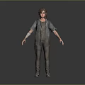 Game And Movie Character Wearing Tattered Jacket Worn Pants Backpack Arm Bandages And Sneakers