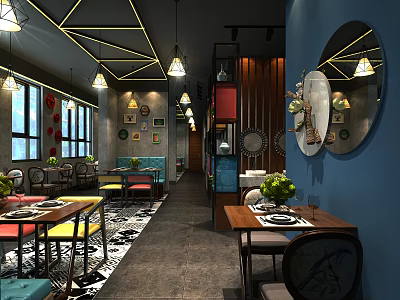 Modern Restaurant Interior With Blue Walls Round Mirrors Pendant Lights And Colorful Seating 3d model