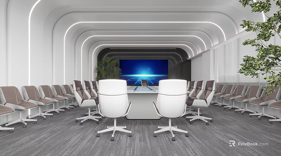 Modern Conference Room Interior With Curved Lighting Long Table White Chairs And Large Screen 3d model 