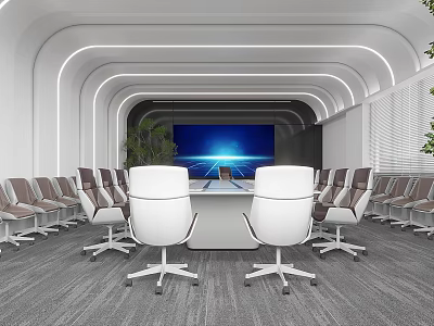 Modern Conference Room Interior With Curved Lighting Long Table White Chairs And Large Screen 3d model